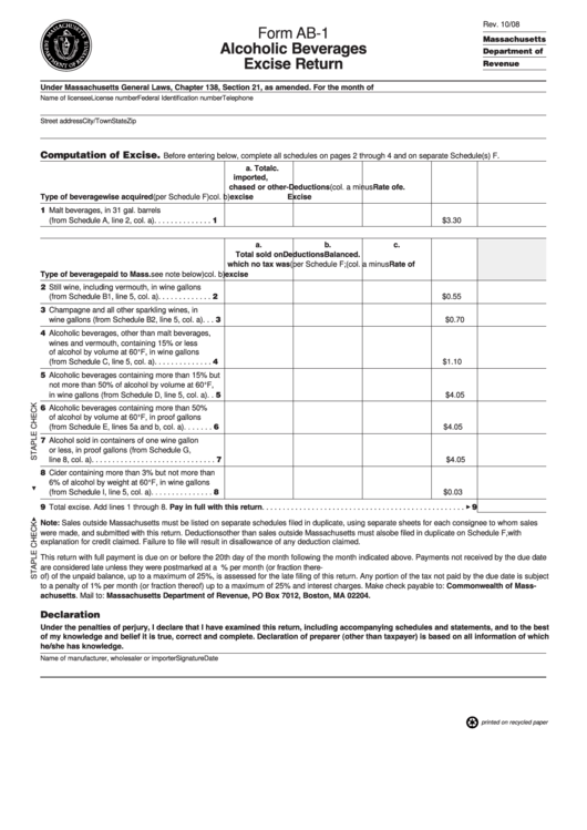 Fillable Form Ab-1 - Alcoholic Beverages Excise Return Printable pdf