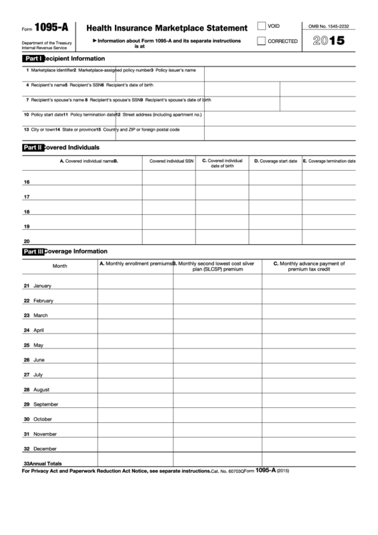 Fillable Form 1095-A - Health Insurance Marketplace Statement - 2015 Printable pdf