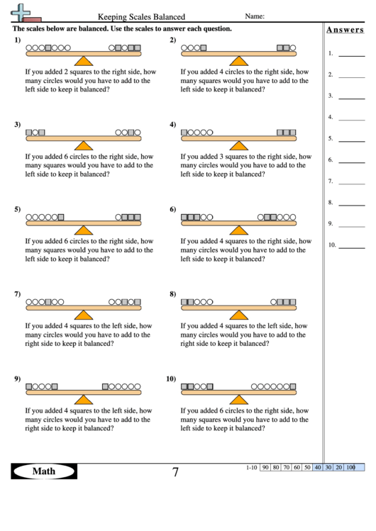 Keeping Scales Balanced - Measurement Worksheet With Answers Printable pdf