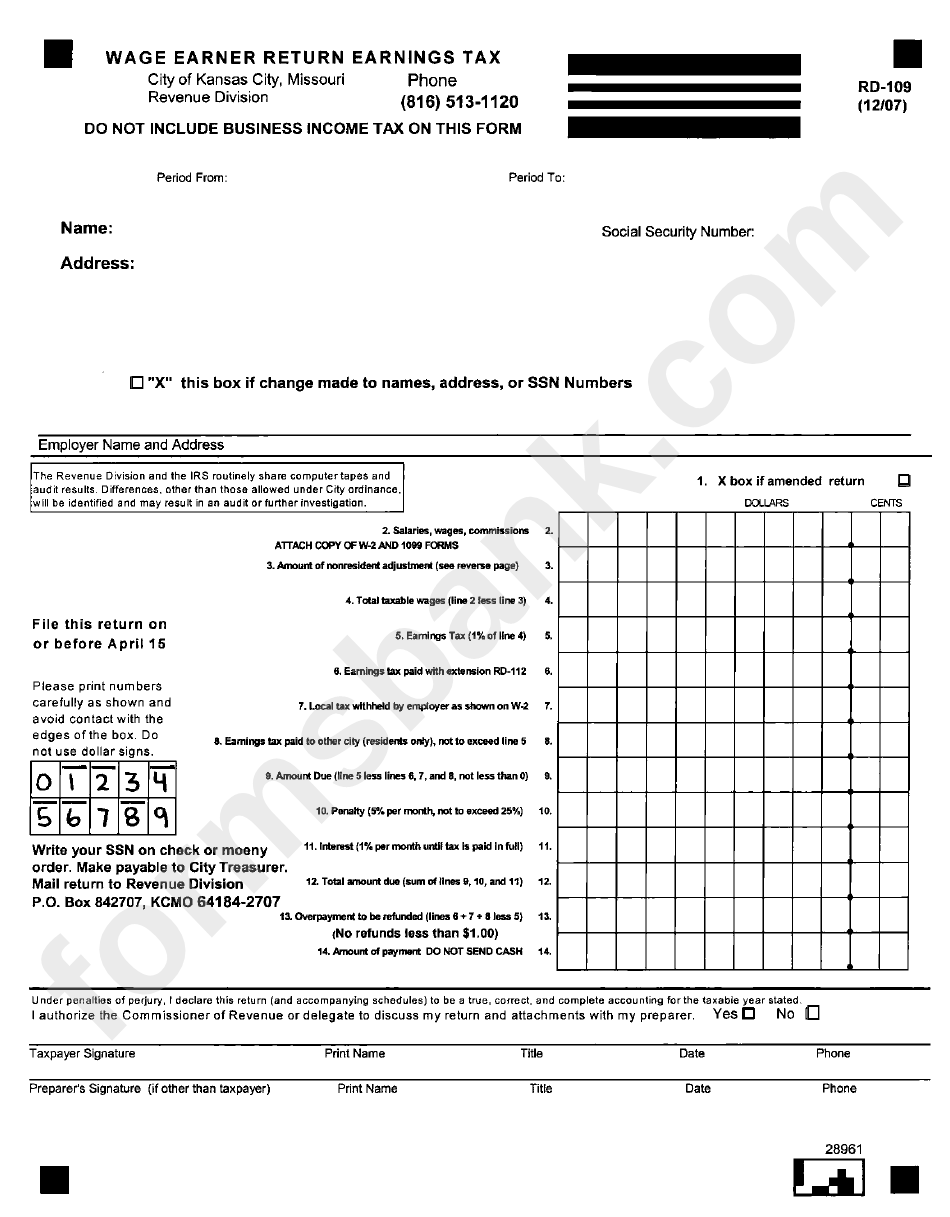 Form Rd-109 - Wage Earner Return Earnings Tax City Of Kansas City, Missouri