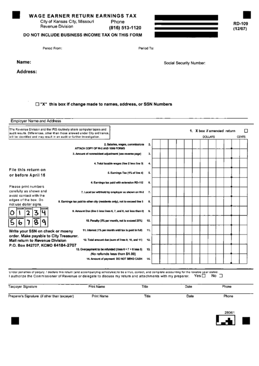 Fillable Form Rd-109 - Wage Earner Return Earnings Tax City Of Kansas City, Missouri Printable pdf