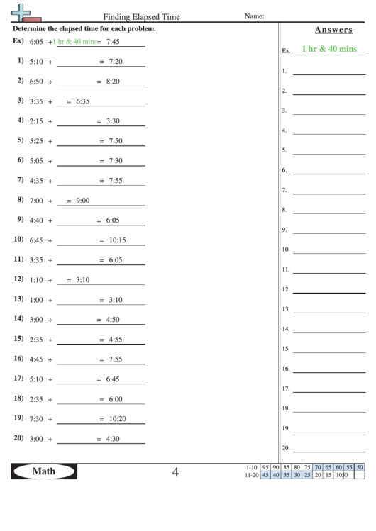 Finding Elapsed Time - Measurement Worksheet With Answers Printable pdf