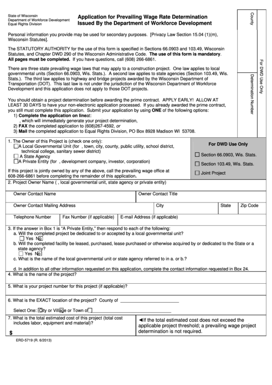 Fillable Form Erd-5719 - Application For Prevailing Wage Rate Determination Issued By The Wisconsin Department Of Workforce Development - 2013 Printable pdf