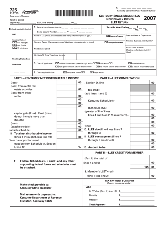 Fillable Form 725 - Kentucky Single Member Llc Individually Owned Llet Return - 2007 Printable pdf