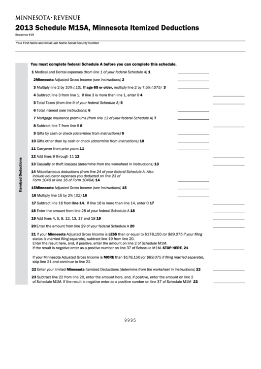 Fillable Schedule M1sa - Minnesota Itemized Deductions - 2013 Printable pdf
