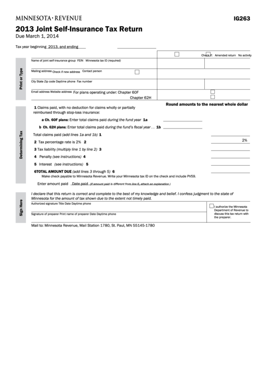 Fillable Form Ig263 - Joint Self-Insurance Tax Return - 2013 Printable pdf