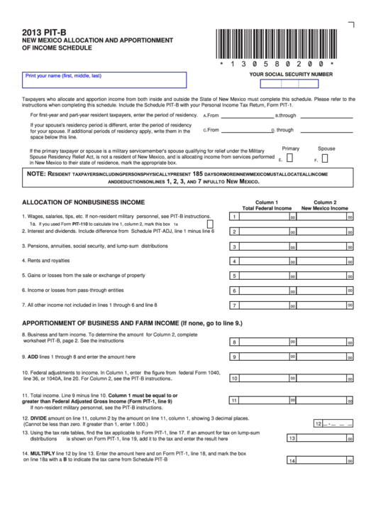Fillable Form Pit-B - New Mexico Allocation And Apportionment Of Income Schedule - 2013 Printable pdf
