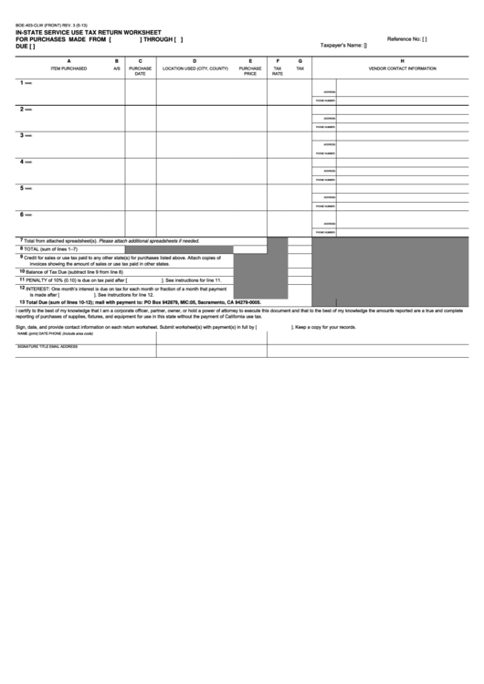 Fillable Form Boe-403-Clw - In-State Service Use Tax Return Worksheet Printable pdf