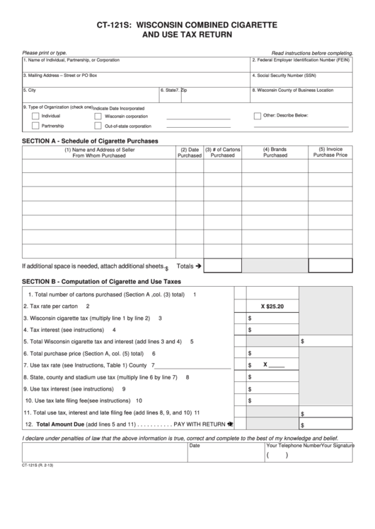 Fillable Form Ct-121s - Wisconsin Combined Cigarette And Use Tax Return Printable pdf