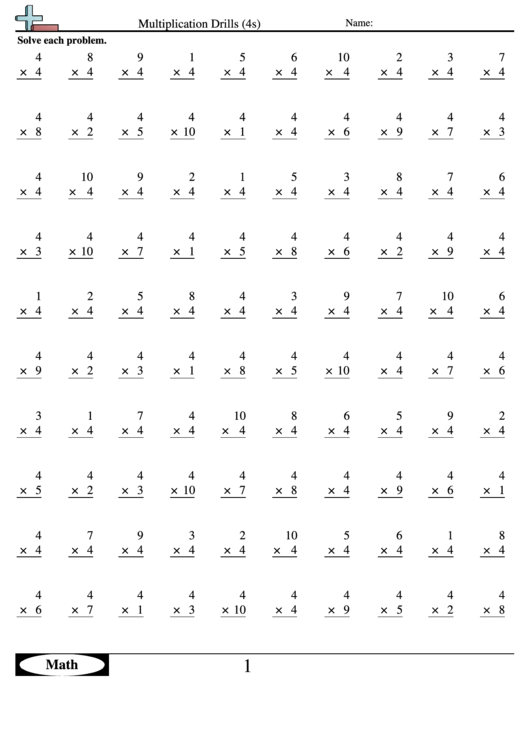 Multiplication Drills (4s) Multiplication Worksheet With Answers