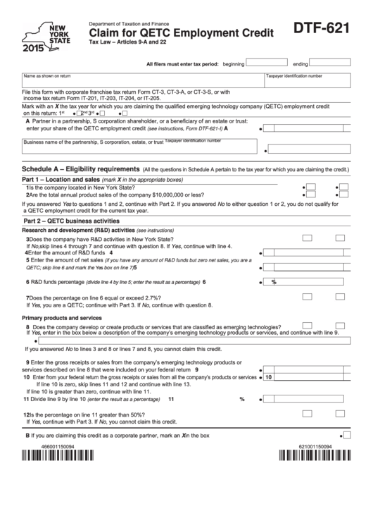 Fillable Form Dtf-621 - Claim For Qetc Employment Credit - 2015 Printable pdf