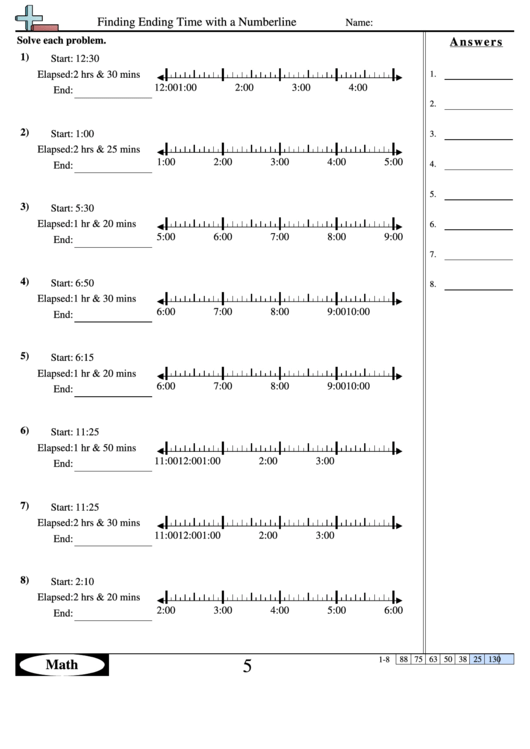 Finding Ending Time With A Numberline - Measurement Worksheet With Answers Printable pdf