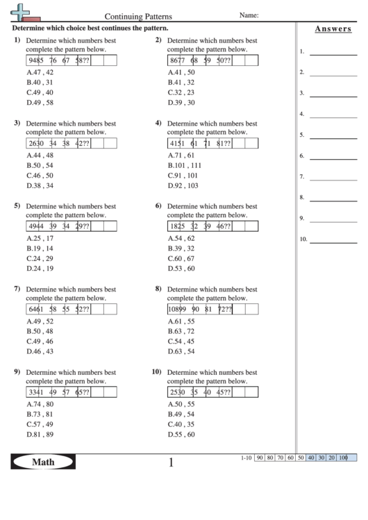 Continuing Patterns - Pattern Worksheet With Answers Printable pdf