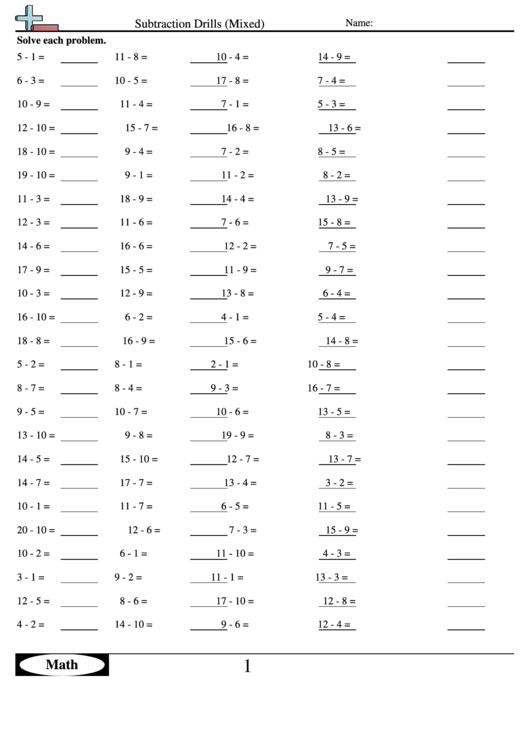 Subtraction Drills (Mixed) - Subtraction Worksheet With Answers ...