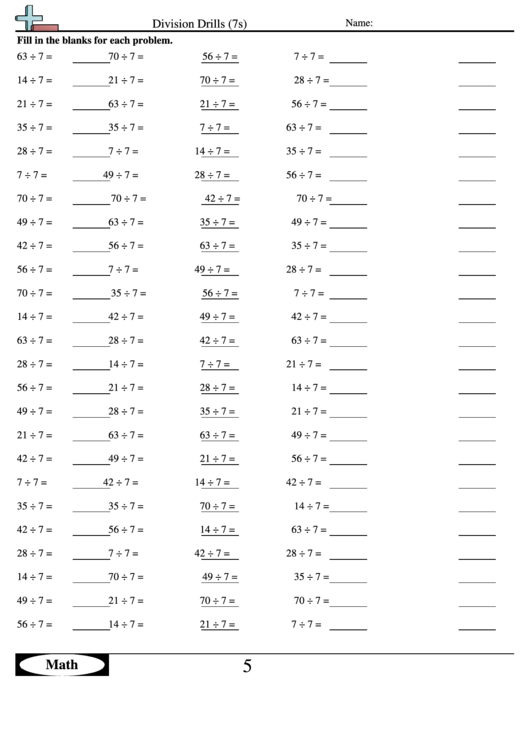 Division Drills (7s) - Division Worksheet With Answers Printable pdf