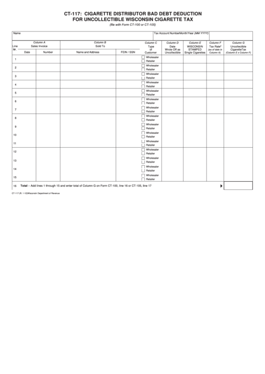 Fillable Form Ct-117 - Cigarette Distributor Bad Debt Deduction For Uncollectible Wisconsin Cigarette Tax Printable pdf
