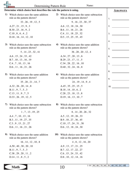 Determining Pattern Rule - Pattern Worksheet With Answers Printable pdf