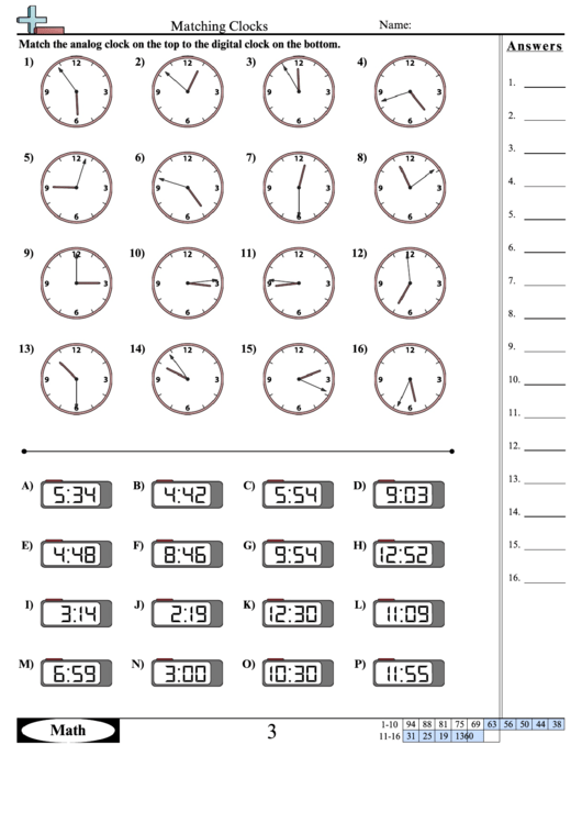 Matching Clocks - Measurement Worksheet With Answers