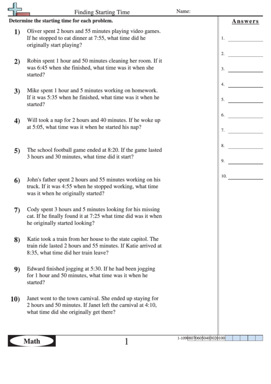 Finding Starting Time - Measurement Worksheet With Answers Printable pdf