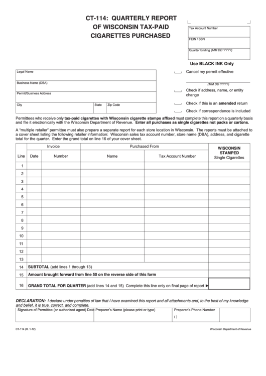 Fillable Form Ct-114 - Quarterly Report Of Wisconsin Tax-Paid Cigarettes Purchased Printable pdf