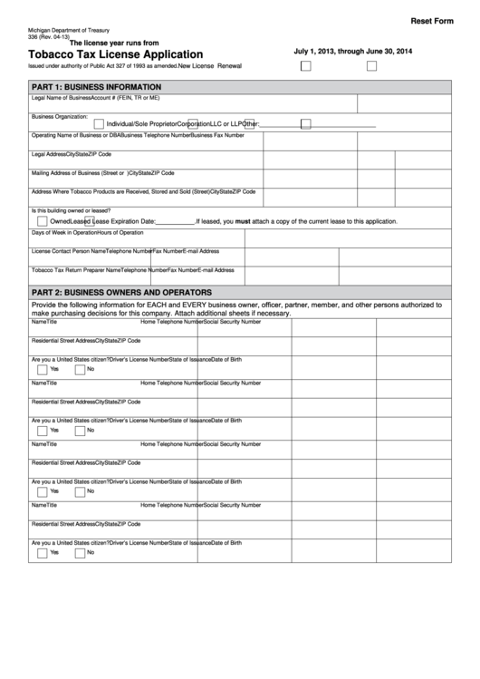 Fillable Form 336 - Tobacco Tax License Application Printable pdf