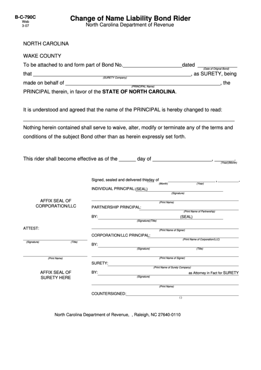 Form B-C-790c - Change Of Name Liability Bond Rider Printable pdf