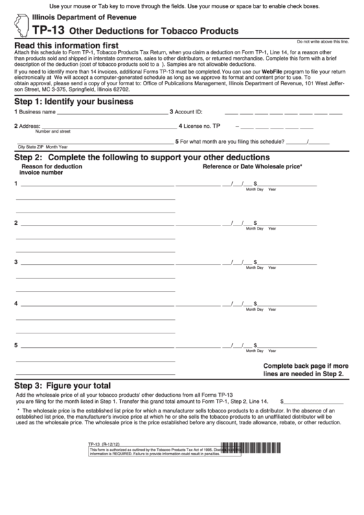 Fillable Form Tp-13 - Other Deductions For Tobacco Products Printable pdf
