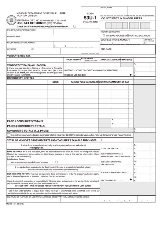 Fillable Form 53u-1 - Use Tax Return Printable pdf