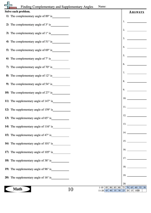 Finding Complementary And Supplementary Angles - Angle Worksheet With Answers Printable pdf