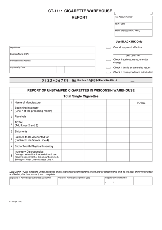 Fillable Form Ct-111 - Cigarette Warehouse Report - Wisconsin Department Of Revenue Printable pdf