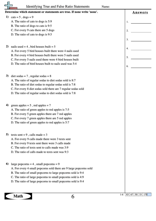 Identifying True And False Ratio Statements - Ratio Worksheet With Answers Printable pdf
