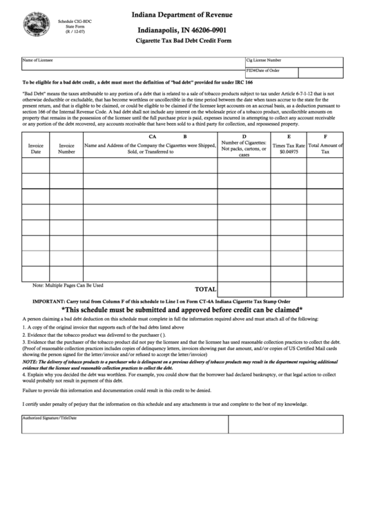 Fillable Schedule Cig-Bdc - Cigarette Tax Bad Debt Credit Form Printable pdf