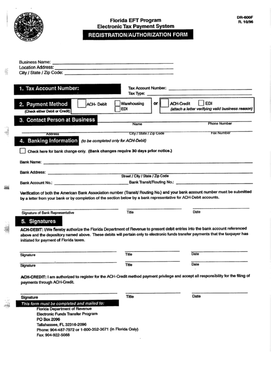 Fillable Form Dr-600f - Registration/authorization Form Printable pdf