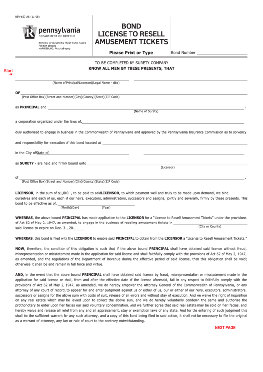 Fillable Form Rev-657 As - Bond License To Resell Amusement Tickets Printable pdf