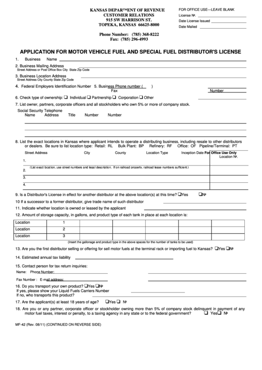 Form Mf-42 - Application For Motor Vehicle Fuel And Special Fuel Distributor