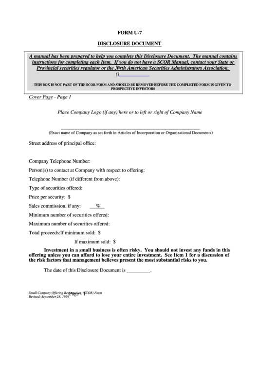 Form U-7 - Small Company Offering Registration (Scor) Form Printable pdf