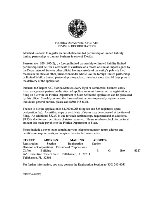 Fillable Form Cr2e056 - Application By Foreign Limited Partnership Or Limited Liability Limited Partnership To Transact Busines In Florida Printable pdf