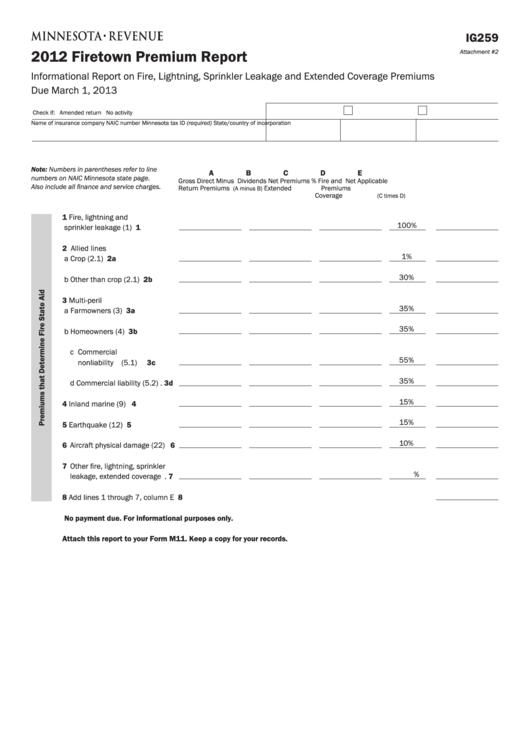 Fillable Form Ig259 - Firetown Premium Report - 2012 Printable pdf