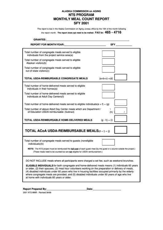 Form Nts Program Monthly Meal Count Report Sfy 2001 Printable pdf