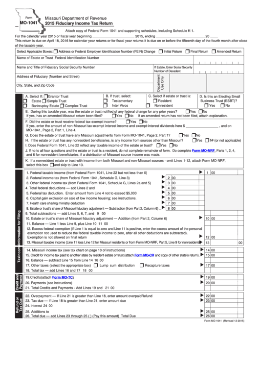 Fillable Form Mo-1041 - Fiduciary Income Tax Return - 2015 Printable pdf