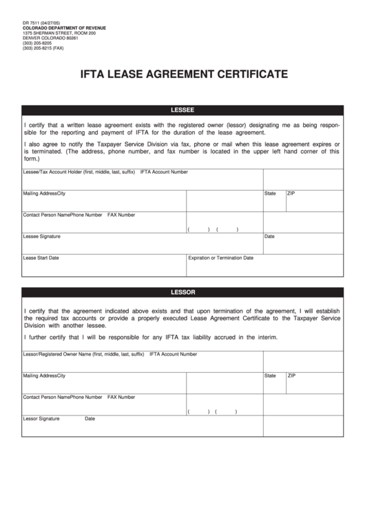 Form Dr 7511 - Ifta Lease Agreement Certificate Printable pdf