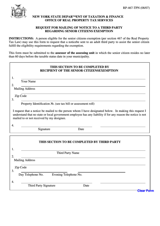 Fillable Form Rp-425-Tpn - Request For Mailing Of Notice To A Third Party Regarding Senior Citizens Exemption Printable pdf