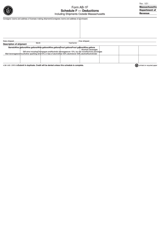 Form Ab-1f - Schedule F - Deductions Including Shipments Outside Massachusetts Printable pdf