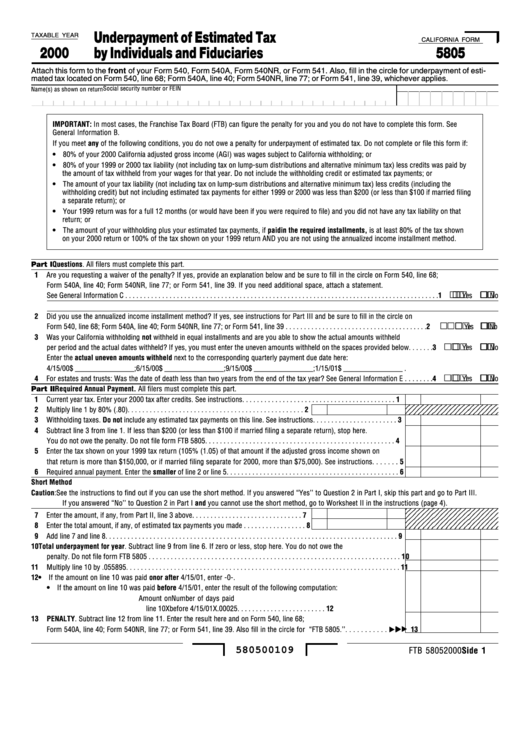 Form 5805 - Underpayment Of Estimated Tax By Individuals And Fiduciaries - 2000 Printable pdf