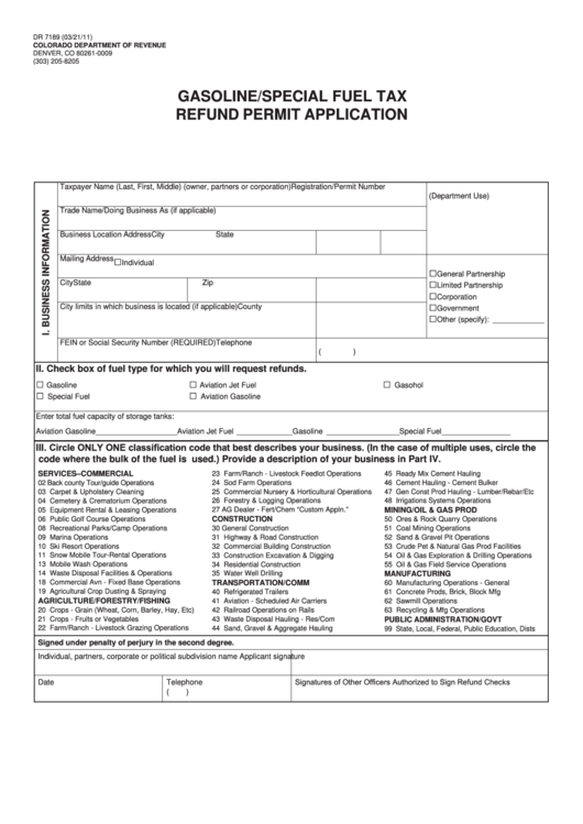 Fillable Form Dr 7189 - Gasoline/special Fuel Tax Refund Permit Application Printable pdf