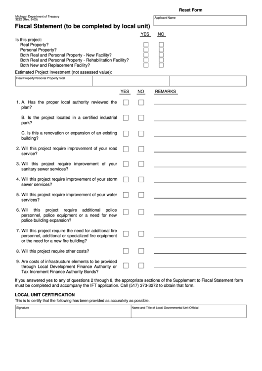 Fillable Form 3222 - Fiscal Statement (To Be Completed By Local Unit) Printable pdf