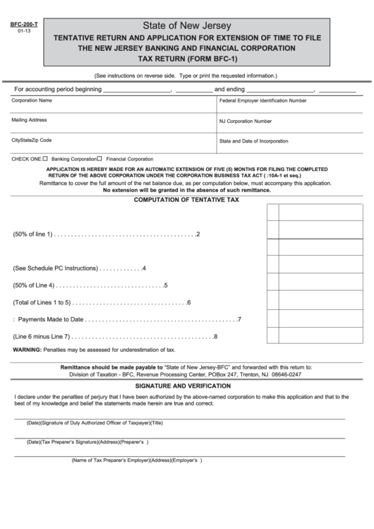 Fillable Form Bfc-200-T - Tentative Return And Application For Extension Of Time To File - The New Jersey Banking And Financial Corporation Tax Return Printable pdf