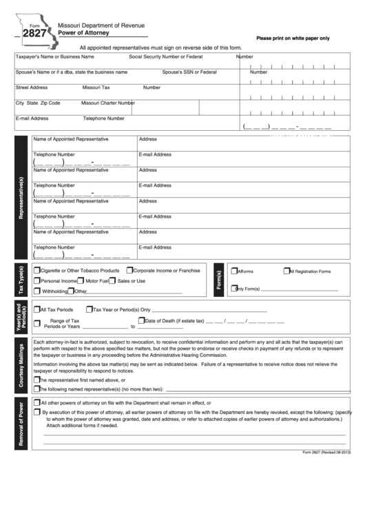 Fillable Form 2827 - Power Of Attorney Printable pdf