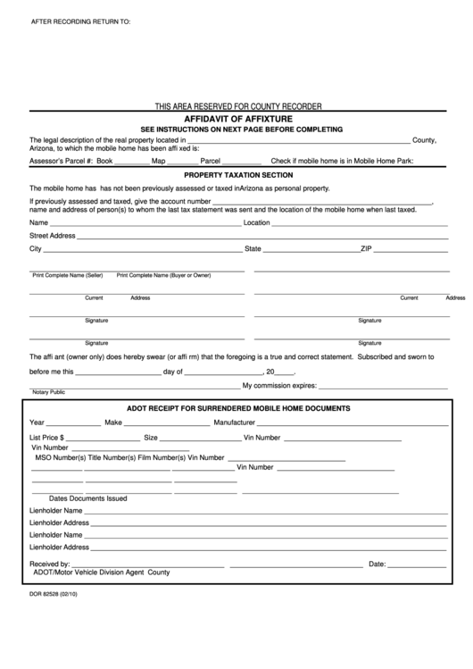 Fillable Form Dor 82528 - Affidavit Of Affixture Printable pdf
