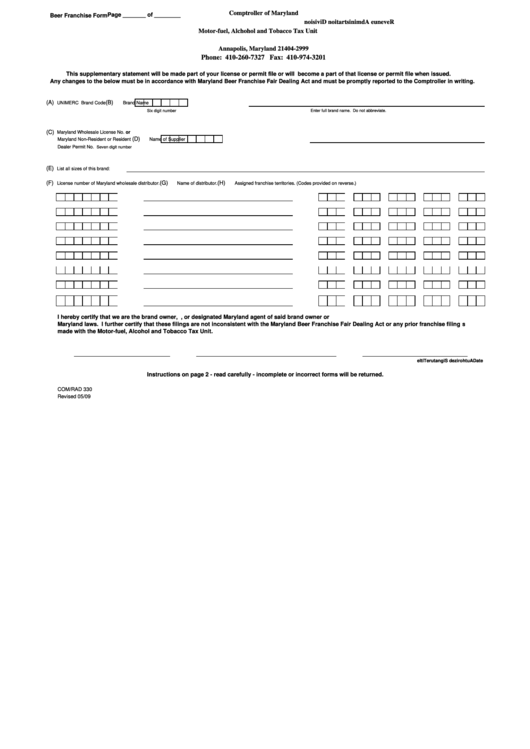 Fillable Form Com/rad 330 - Beer Franchise Form Printable pdf